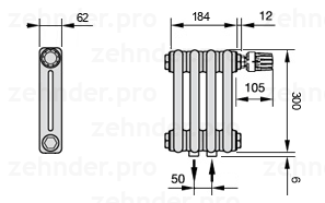 Схема (чертеж) Радиатор Zehnder Charleston 2030/4 №V008 Белый глянцевый RAL 9016